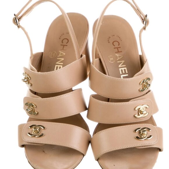 Chanel Interlocking CC Logo Leather Slingback Sandals Women's Size 38.5 - Picture 2 of 11